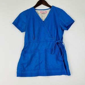 Koi Lite Scrub Top Womens XS Blue Medical Nurse Tie Waist V-Neck Pockets
